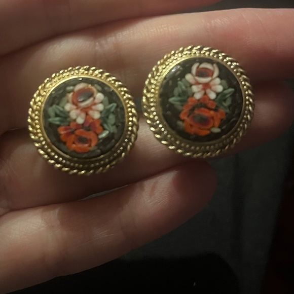 Jewelry - Vintage Micro Mosaic Gold and Black Floral Earrings Roses